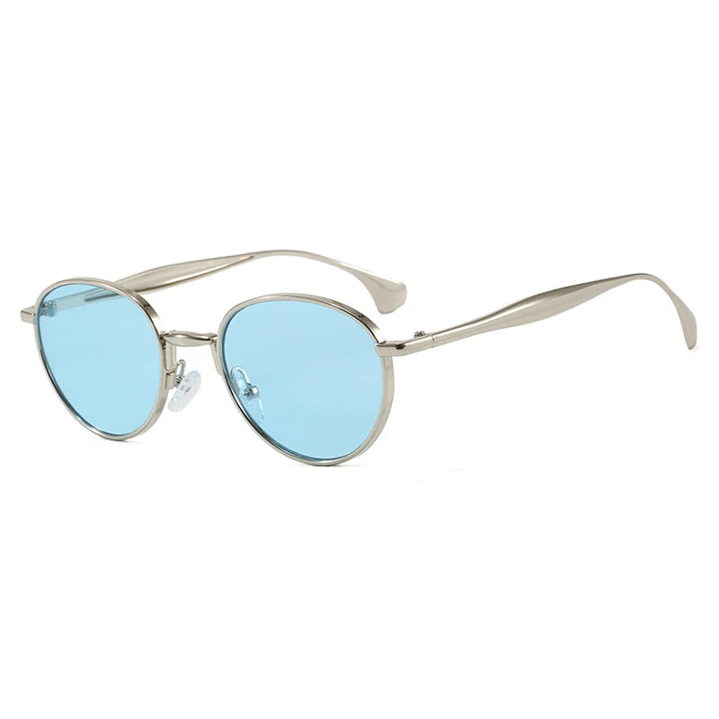 SO&EI Retro Metal Oval Sunglasses Women Shades UV400 Fashion Punk Men Blue Sun Glasses