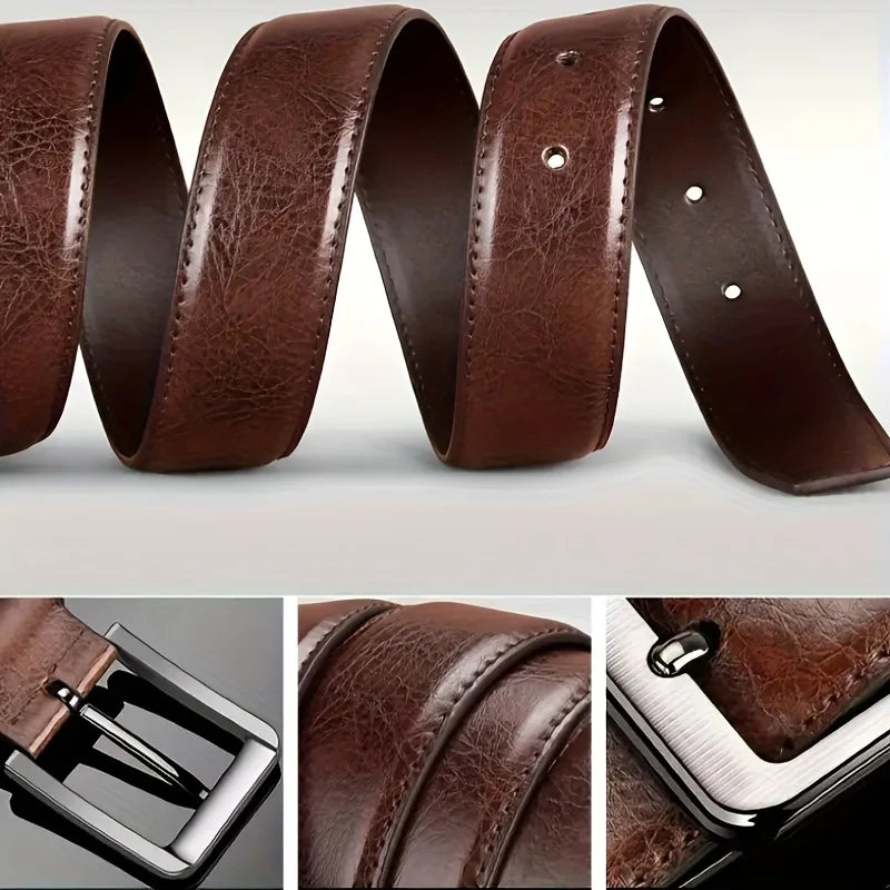 Vintage Leather Belt for Men - Adjustable Alloy Pin Buckle, Smooth Sweat-Resistant Surface, Formal & Casual Trousers Matching