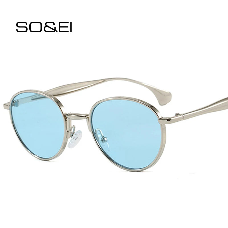 SO&EI Retro Metal Oval Sunglasses Women Shades UV400 Fashion Punk Men Blue Sun Glasses