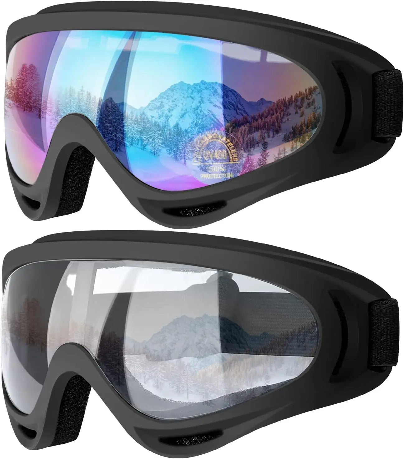 Ski Goggles, 2 Pack Snow Goggles Snowboard Goggles for Men Women - UV Protection Foam Anti-Scratch Dustproof