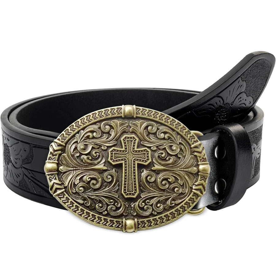1pc high quality western cowboy leather belt with cross pattern; Retro fashion style for jeans and casual pants; Suitable for wo