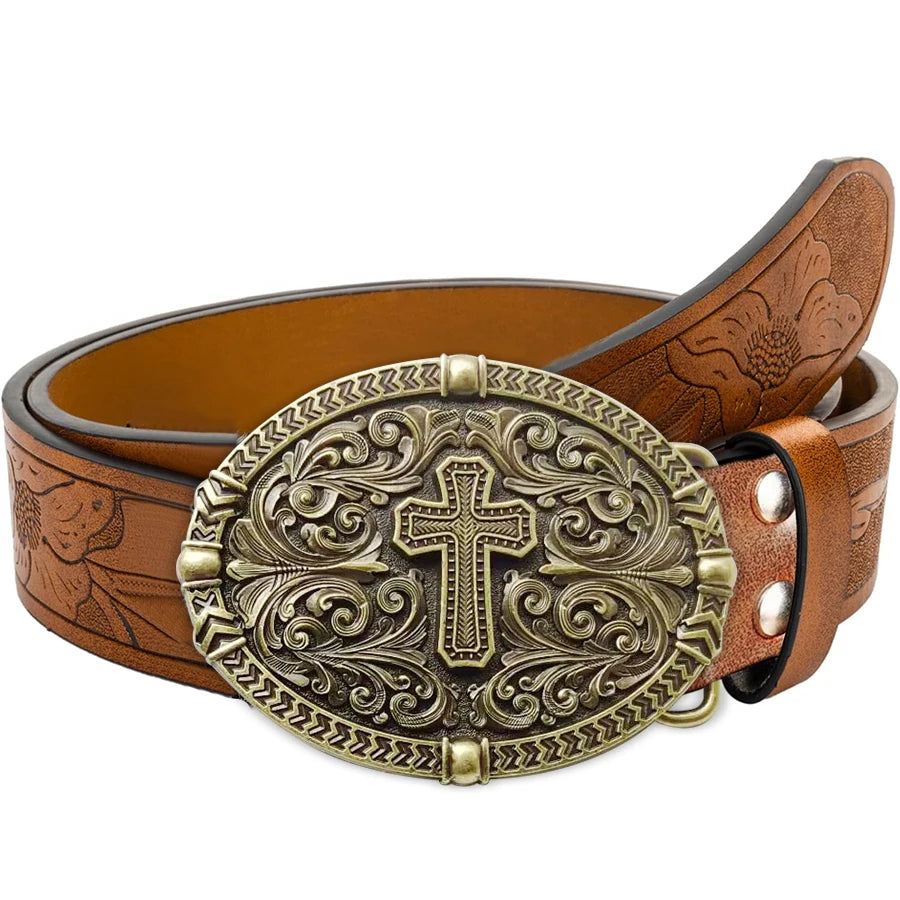 1pc high quality western cowboy leather belt with cross pattern; Retro fashion style for jeans and casual pants; Suitable for wo
