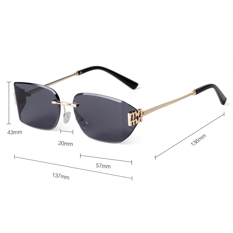 Trend 2025 Rectangle Frameless Curved Sunglasses Women Men Brand Design Luxury Rimless Metal Letter Decorated Shades Sun Glasses