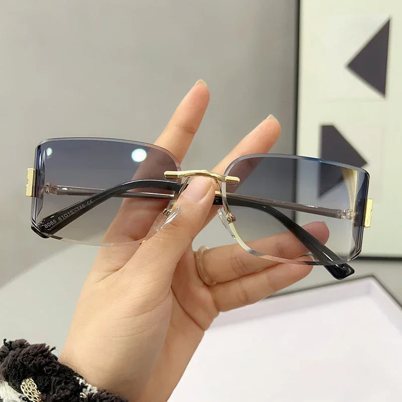 Trend 2025 Rectangle Frameless Curved Sunglasses Women Men Brand Design Luxury Rimless Metal Letter Decorated Shades Sun Glasses