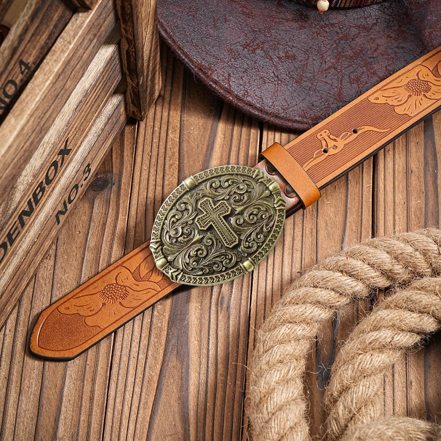 1pc high quality western cowboy leather belt with cross pattern; Retro fashion style for jeans and casual pants; Suitable for wo