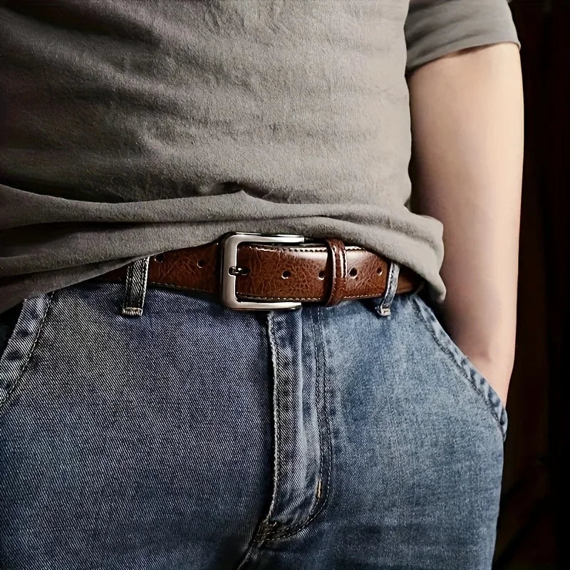 Vintage Leather Belt for Men - Adjustable Alloy Pin Buckle, Smooth Sweat-Resistant Surface, Formal & Casual Trousers Matching