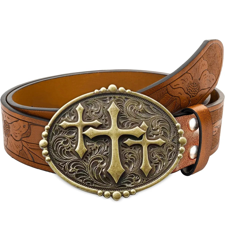 1pc high quality western cowboy leather belt with cross pattern; Retro fashion style for jeans and casual pants; Suitable for wo