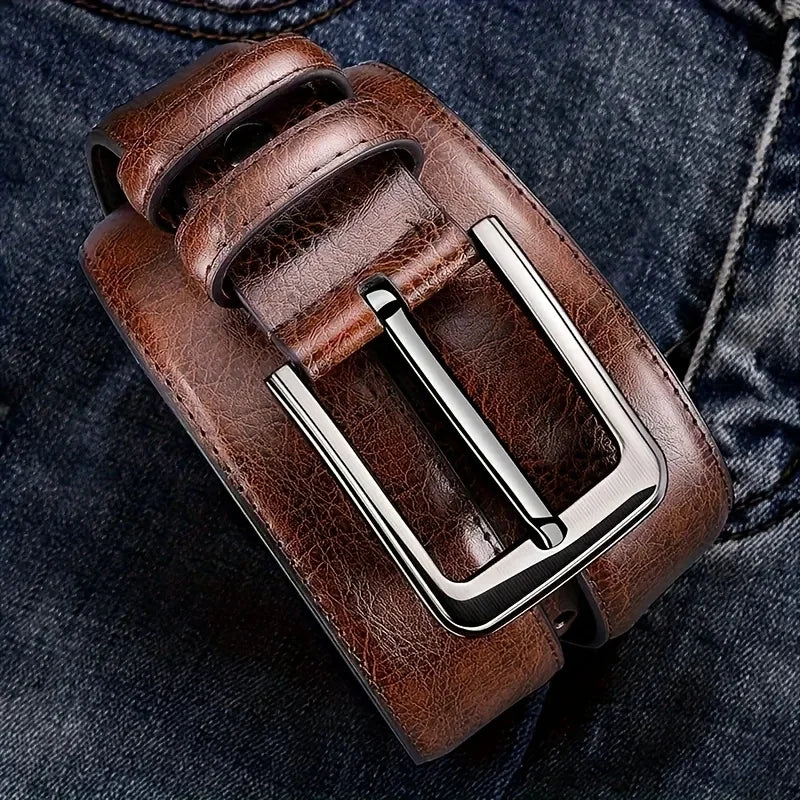 Vintage Leather Belt for Men - Adjustable Alloy Pin Buckle, Smooth Sweat-Resistant Surface, Formal & Casual Trousers Matching