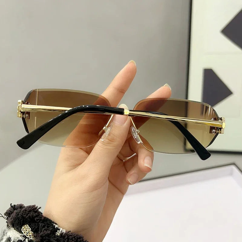 Trend 2025 Rectangle Frameless Curved Sunglasses Women Men Brand Design Luxury Rimless Metal Letter Decorated Shades Sun Glasses