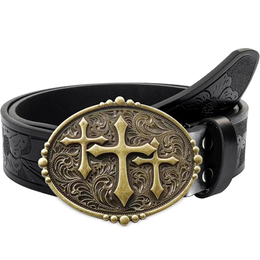 1pc high quality western cowboy leather belt with cross pattern; Retro fashion style for jeans and casual pants; Suitable for wo