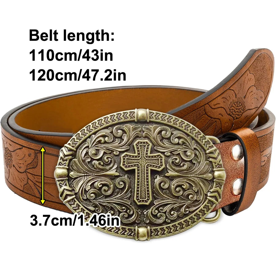 1pc high quality western cowboy leather belt with cross pattern; Retro fashion style for jeans and casual pants; Suitable for wo