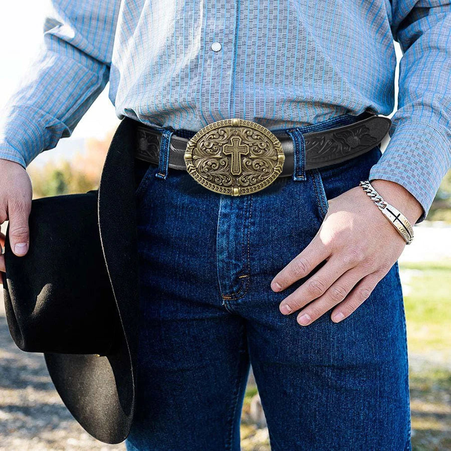 1pc high quality western cowboy leather belt with cross pattern; Retro fashion style for jeans and casual pants; Suitable for wo