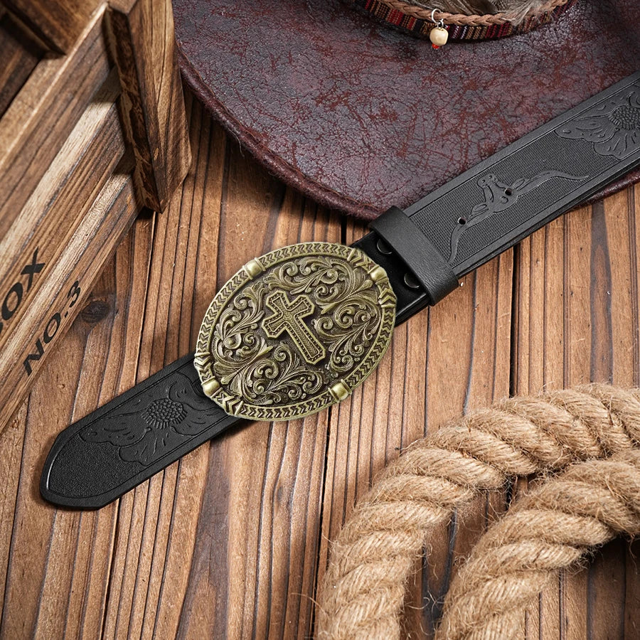 1pc high quality western cowboy leather belt with cross pattern; Retro fashion style for jeans and casual pants; Suitable for wo