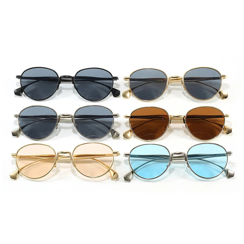 SO&EI Retro Metal Oval Sunglasses Women Shades UV400 Fashion Punk Men Blue Sun Glasses