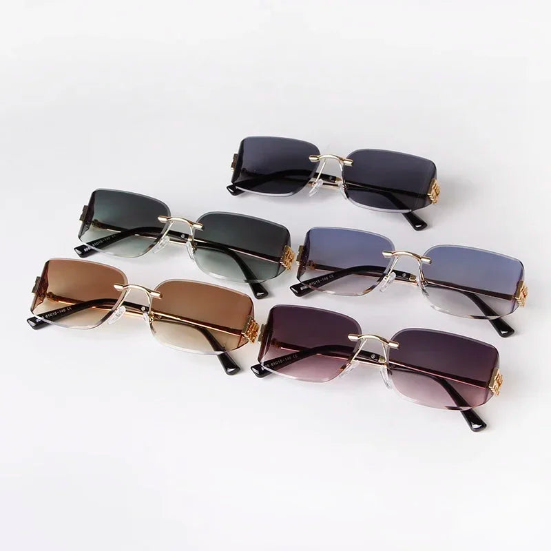 Trend 2025 Rectangle Frameless Curved Sunglasses Women Men Brand Design Luxury Rimless Metal Letter Decorated Shades Sun Glasses