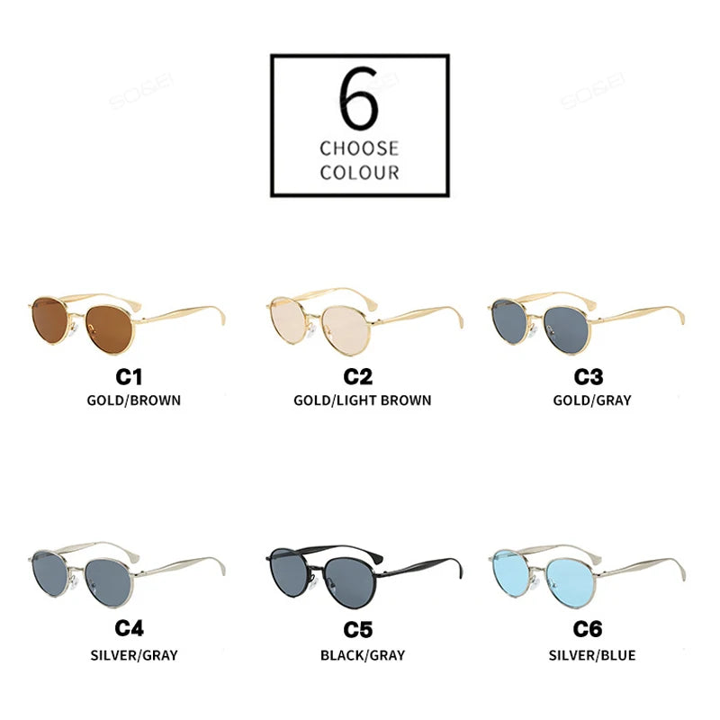 SO&EI Retro Metal Oval Sunglasses Women Shades UV400 Fashion Punk Men Blue Sun Glasses